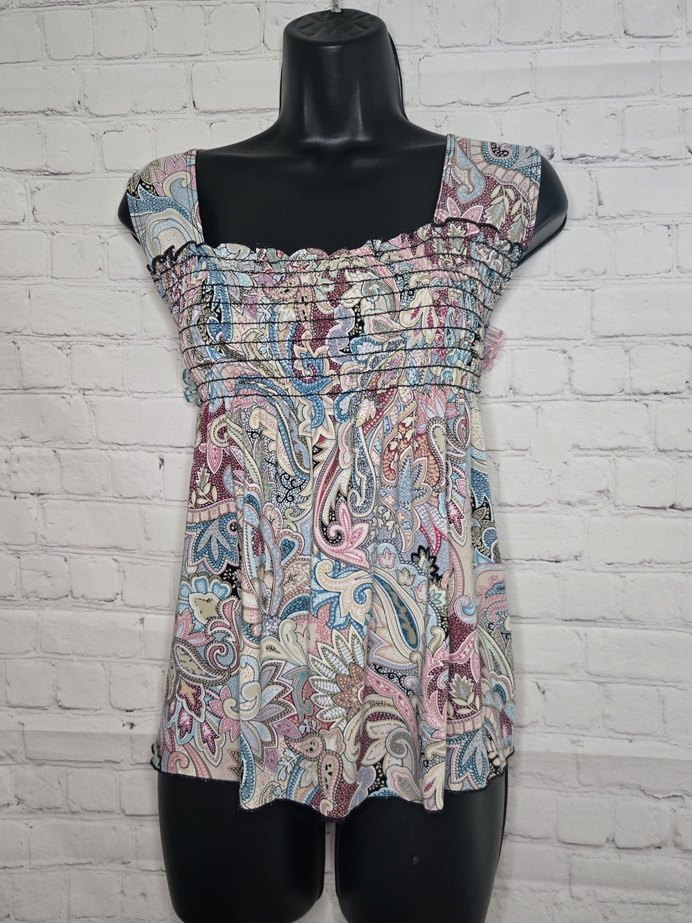 y2k retro paisley babydoll milkmaid slinky  Paisley Smocked Square Sz M‎